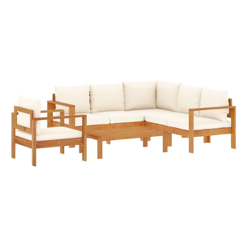 vidaXL 5 Piece Solid Acacia Wood Sofa Set in White/Cream/Natural