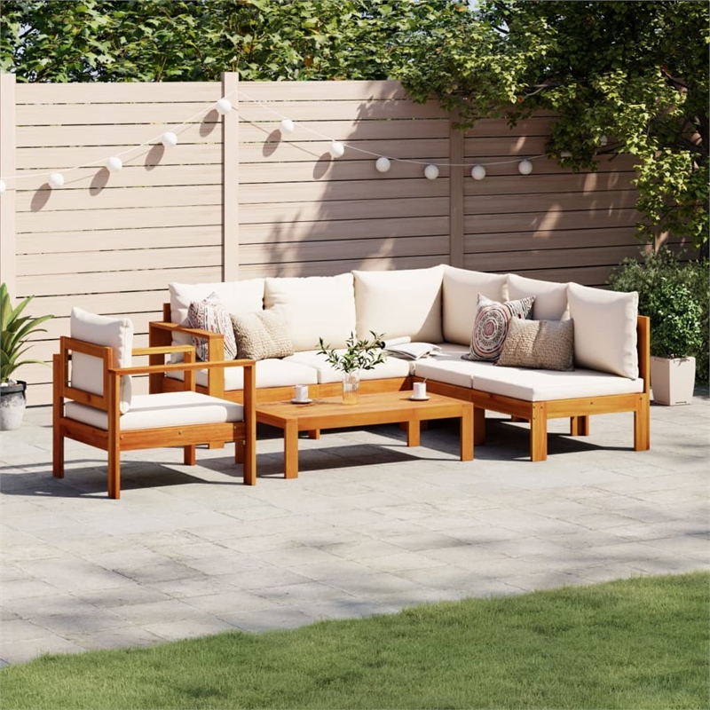 vidaXL 5 Piece Solid Acacia Wood Medium Sofa Set in White/Cream