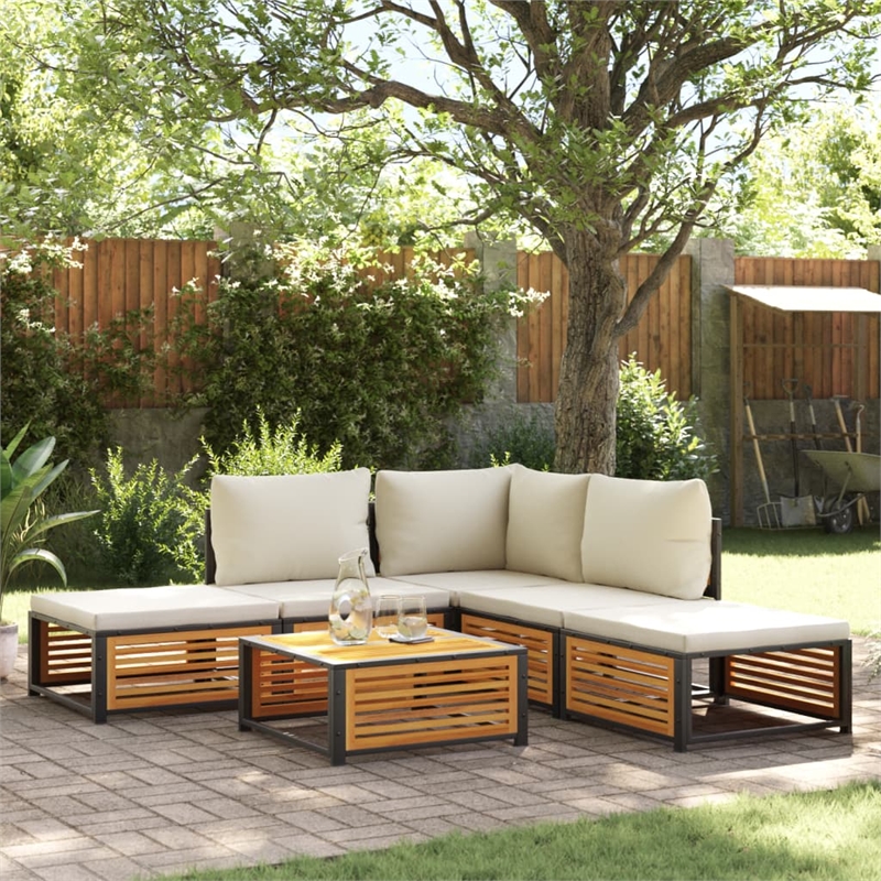 vidaXL 6 Piece Solid Acacia Wood Sofa Set in White/Cream/Natural