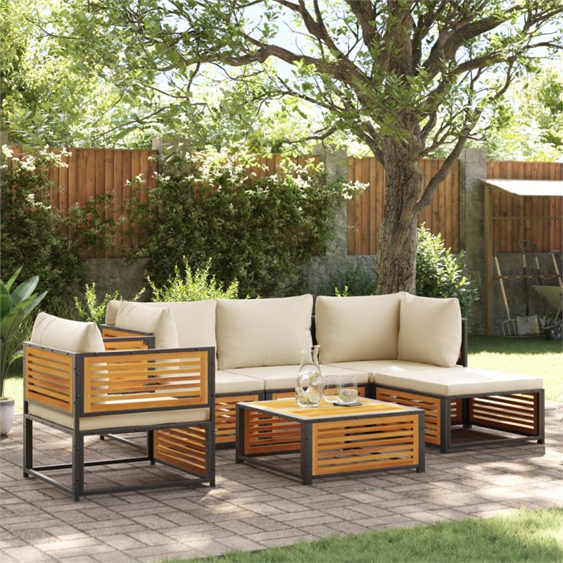 vidaXL 6 Piece Solid Acacia Wood Sofa Set in White/Cream/Natural
