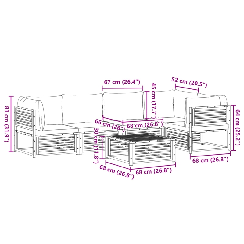 vidaXL 6 Piece Solid Acacia Wood Large Sofa Set in White/Cream