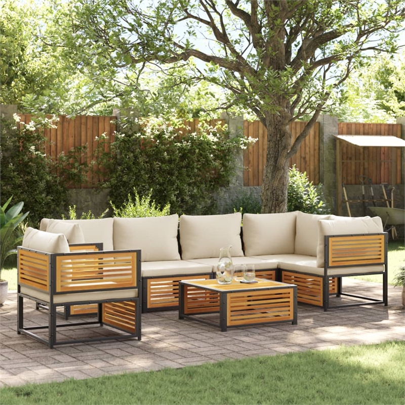 vidaXL 7 Piece Solid Acacia Wood Sofa Set in White/Cream