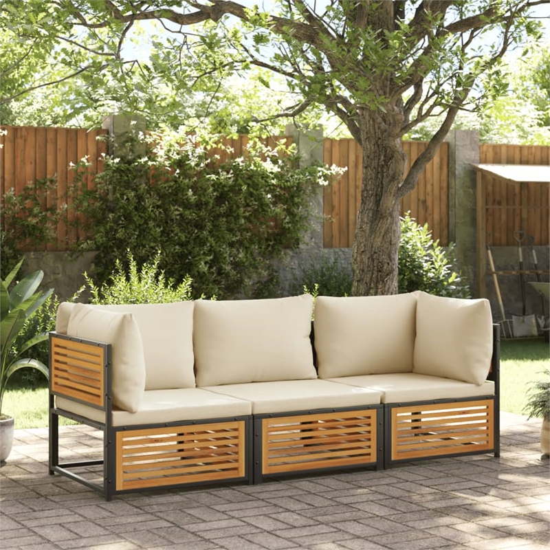 vidaXL 3 Piece Solid Acacia Wood Sofa Set in White/Cream
