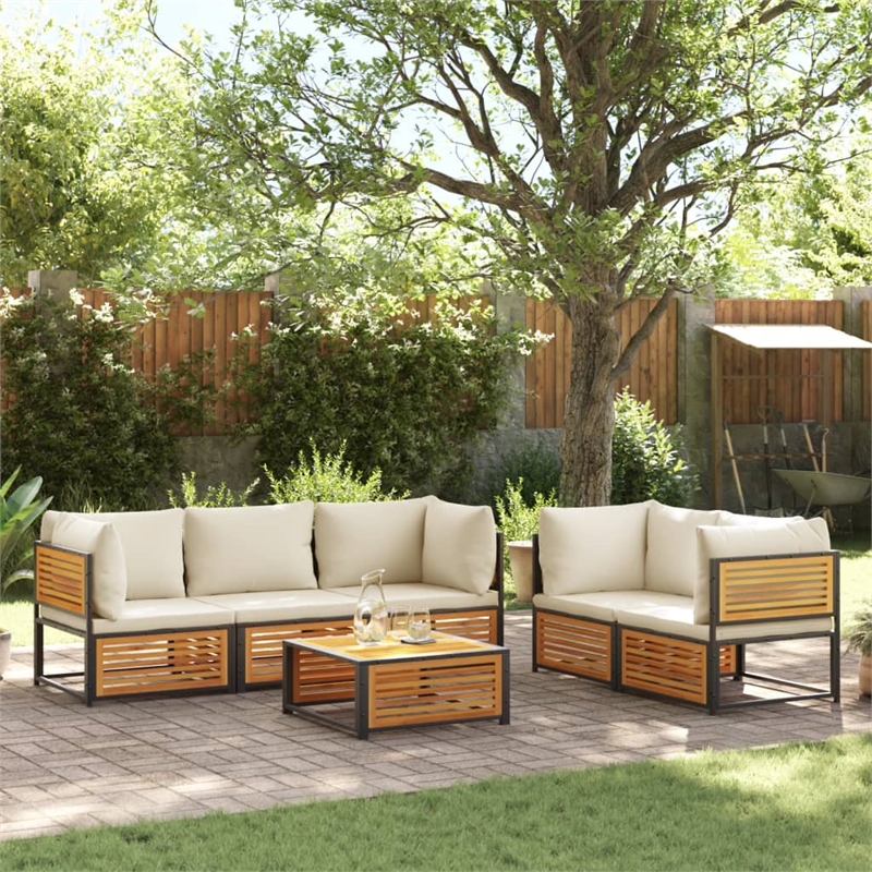vidaXL Solid Acacia Wood Sofa Set in White/Brown/Cream