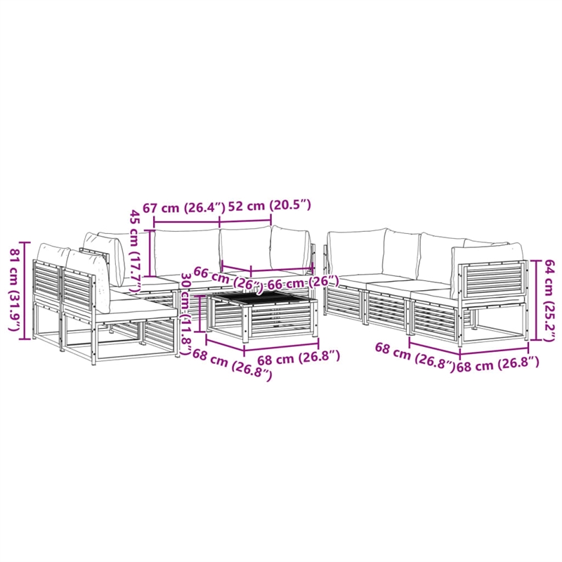 vidaXL 9 Piece Solid Acacia Wood Small Sofa Set in White/Cream/Natural