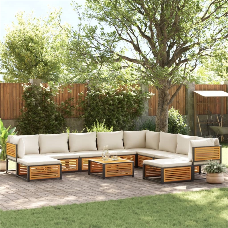 vidaXL 11 Piece Solid Acacia Wood Sofa Set in White/Cream/Natural