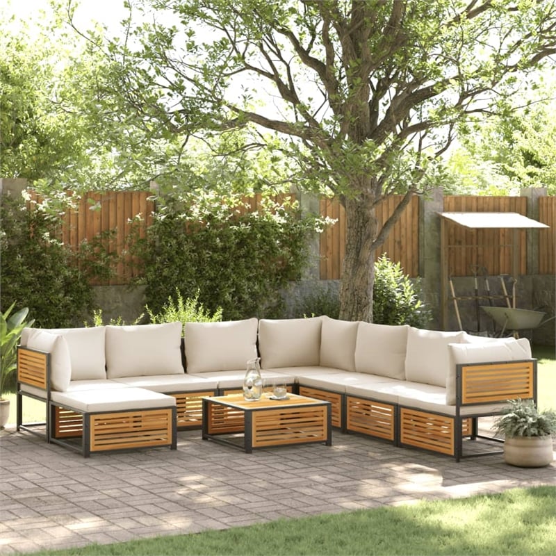 vidaXL 9 Piece Solid Acacia Wood Sofa Set in White/Cream