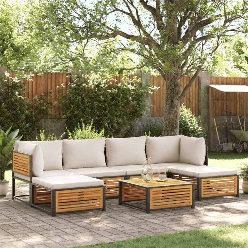 vidaXL 7 Piece Solid Acacia Wood Sofa Set in White/Cream/Natural