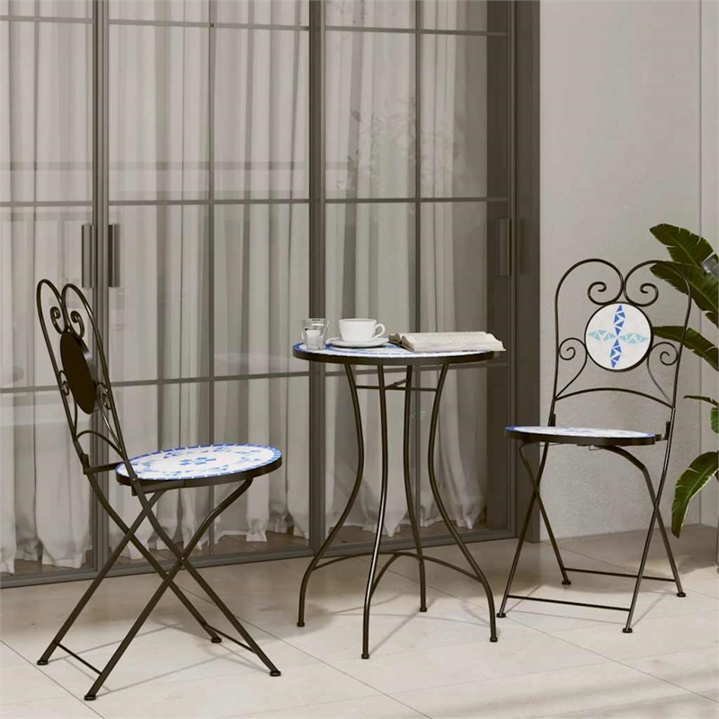 vidaXL Powder-Coated Iron Small Bistro Set in White/Blue