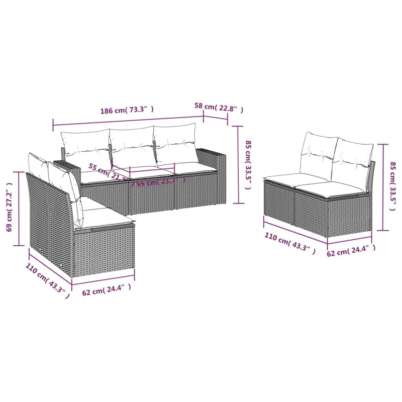 vidaXL 7 Piece Steel Sofa Set in Black/White/Cream