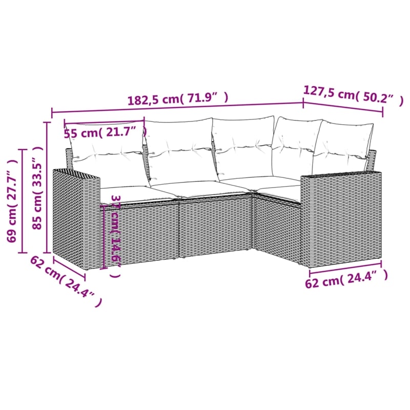 vidaXL 4 Piece Poly Rattan Sofa Set in Black/White/Cream