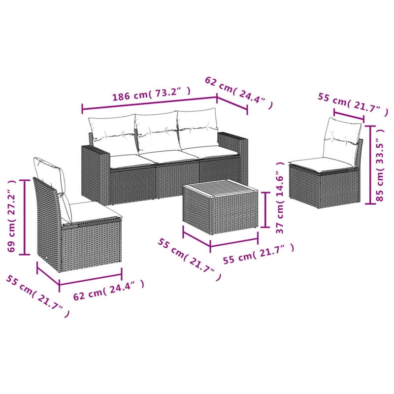 vidaXL 6 Piece Solid Acacia Wood Sofa Set in Black/Brown