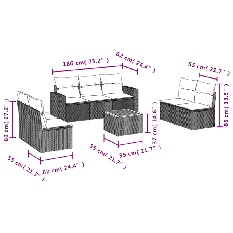 vidaXL 8 Piece Solid Acacia Wood Sofa Set in Black/Cream