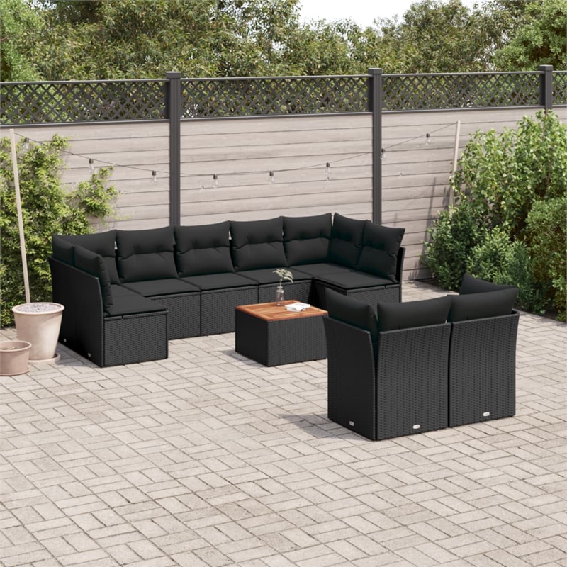 vidaXL 10 Piece Solid Acacia Wood Sofa Set in Black/Brown