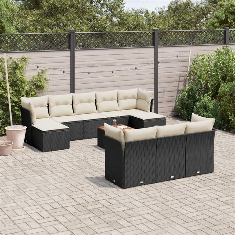 vidaXL 11 Piece Solid Acacia Wood Sofa Set in Black/Brown/Cream
