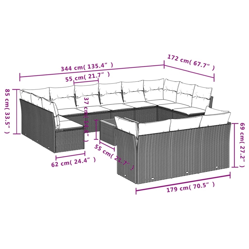 vidaXL 14 Piece Solid Acacia Wood Large Sofa Set in Black