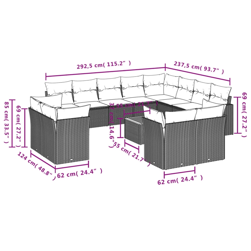 vidaXL 13 Piece Solid Acacia Wood Small Sofa Set in Gray/Beige