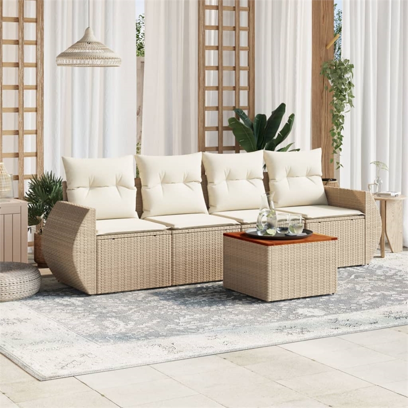 vidaXL 5 Piece Solid Acacia Wood Sofa Set in White/Cream/Beige