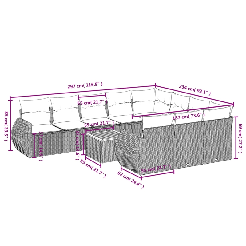 vidaXL 11 Piece Steel Sofa Set in Black/White/Cream