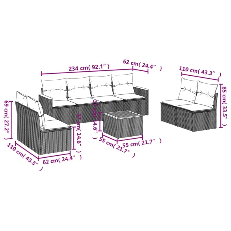 vidaXL 9 Piece Solid Acacia Wood Sofa Set in Black