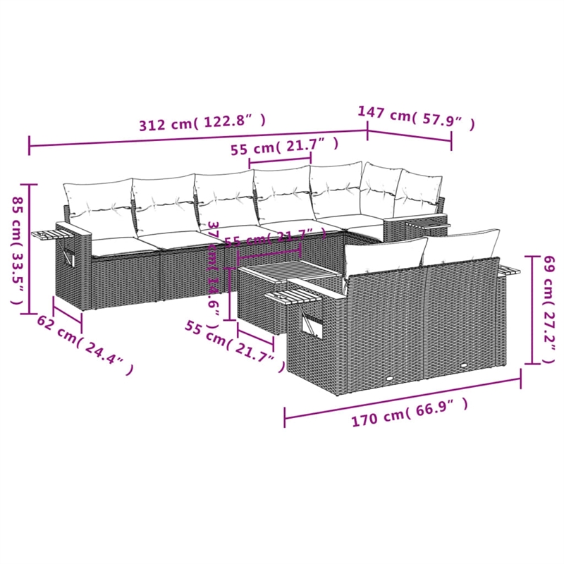 vidaXL 9 Piece Solid Acacia Wood Patio Sofa Set in Black