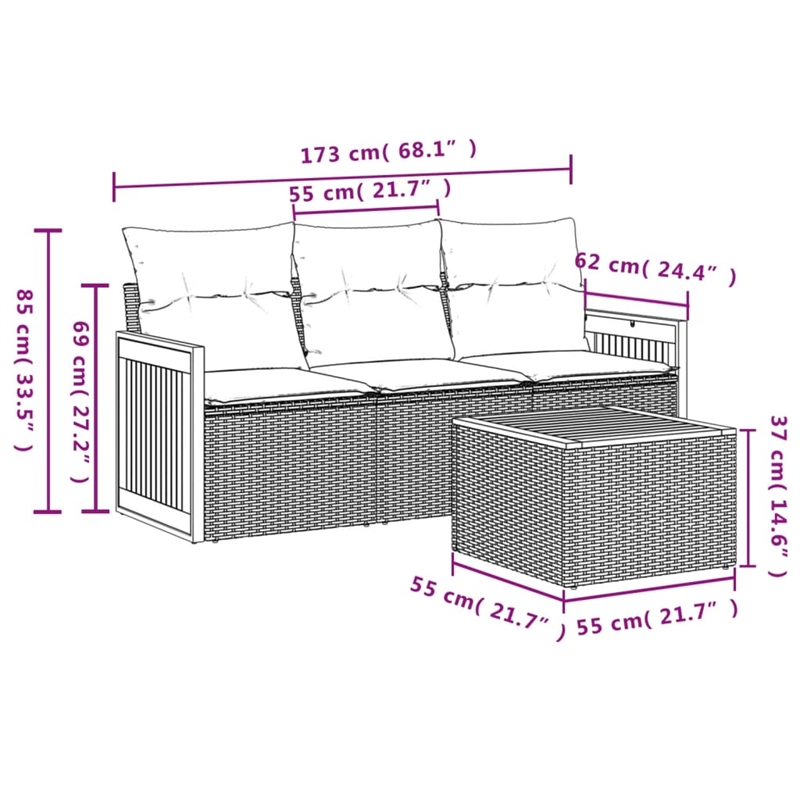 vidaXL 4 Piece Solid Acacia Wood Sofa Set in Black