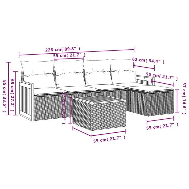 vidaXL 6 Piece Solid Acacia Wood Large Sofa Set w/ Removable Covers in Beige