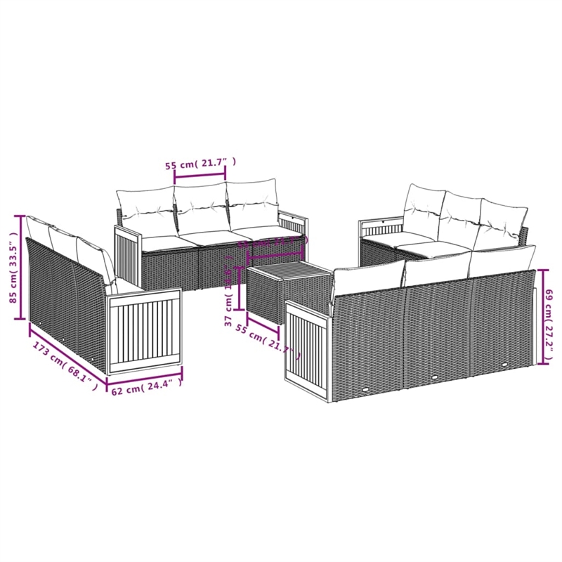 vidaXL 13 Piece Solid Acacia Wood Sofa Set in White/Cream/Beige