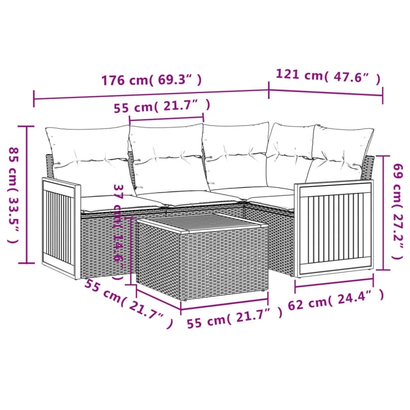 vidaXL 5 Piece Solid Acacia Wood Sofa Set in Black