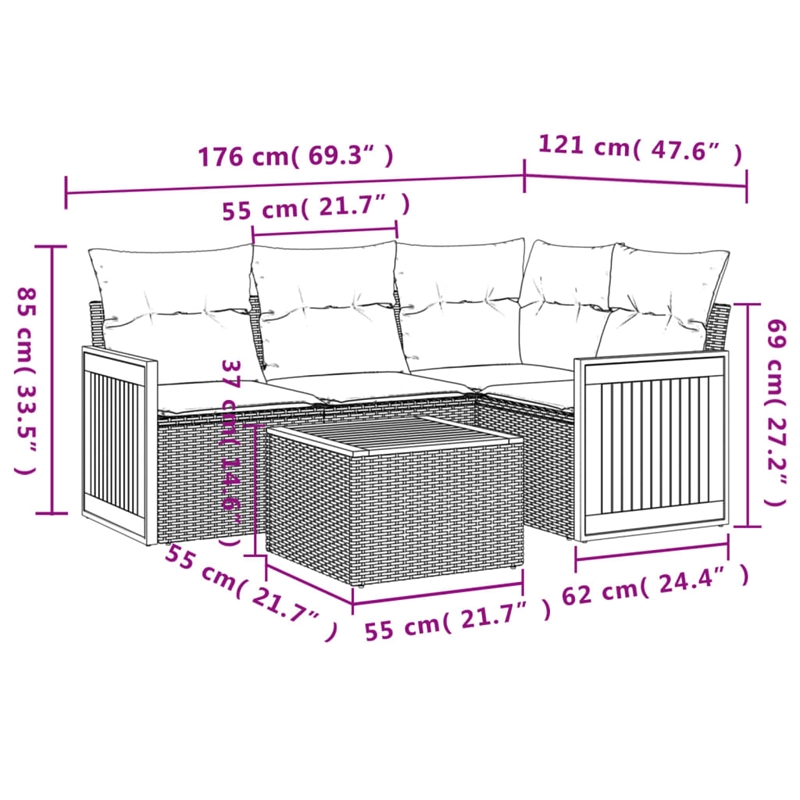 vidaXL 5 Piece Solid Acacia Wood Medium Sofa Set in Gray