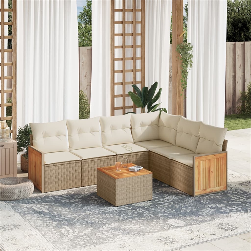 vidaXL 7 Piece Solid Acacia Wood Sofa Set in White/Cream/Beige