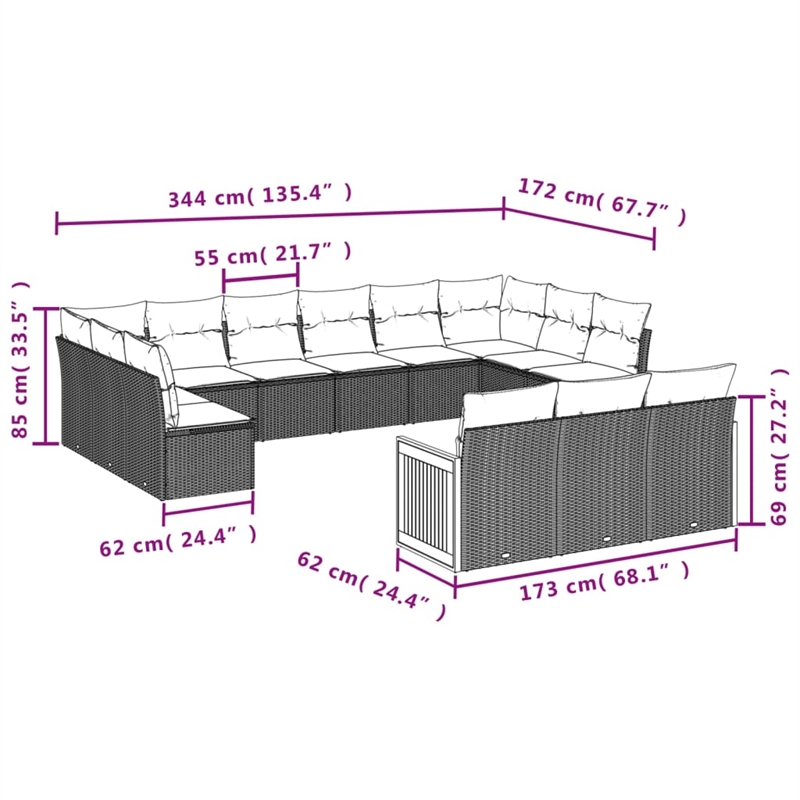 vidaXL 13 Piece Solid Acacia Wood Sofa Set in Black