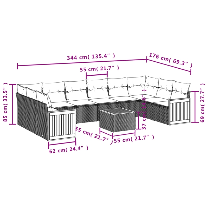 vidaXL 11 Piece Solid Acacia Wood Sofa Set in Black