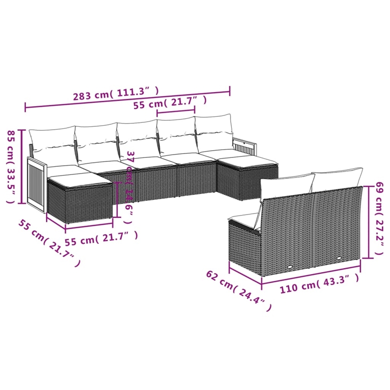 vidaXL 9 Piece Solid Acacia Wood Patio Sofa Set in Black/Blue
