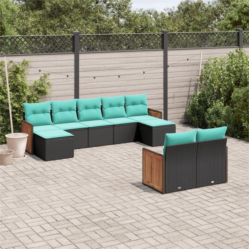 vidaXL 9 Piece Solid Acacia Wood Patio Sofa Set in Black/Blue