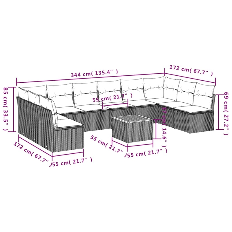 vidaXL 11 Piece Solid Acacia Wood Sofa Set in Black/Cream