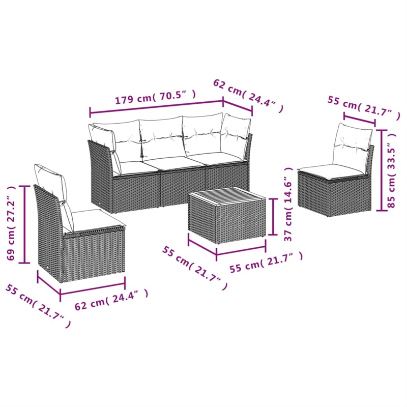 vidaXL 6 Piece Solid Acacia Wood Sofa Set in White/Cream/Beige