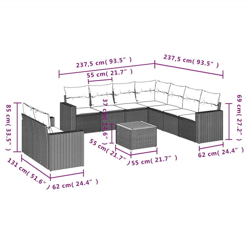 vidaXL 10 Piece Steel Sofa Set in Black/White/Cream