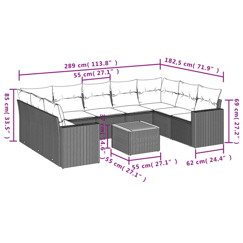 vidaXL 10 Piece Solid Acacia Wood Large Sofa Set in Black