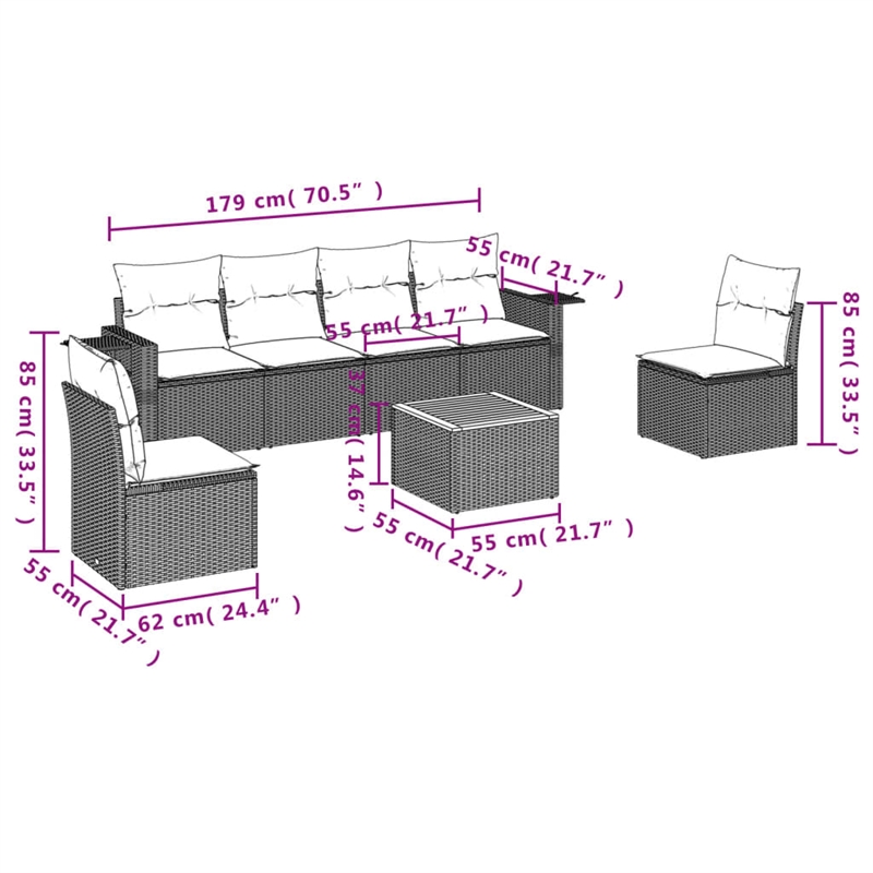 vidaXL 7 Piece Solid Acacia Wood Small Sofa Set in White/Cream/Beige