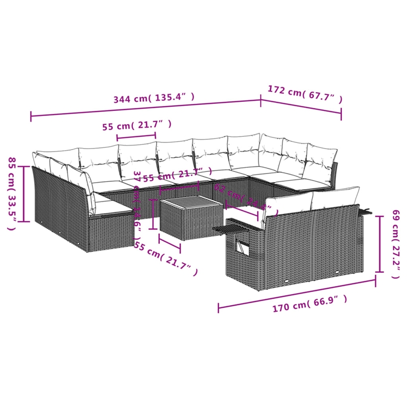 vidaXL 13 Piece Solid Acacia Wood Sofa Set in Black/White/Cream