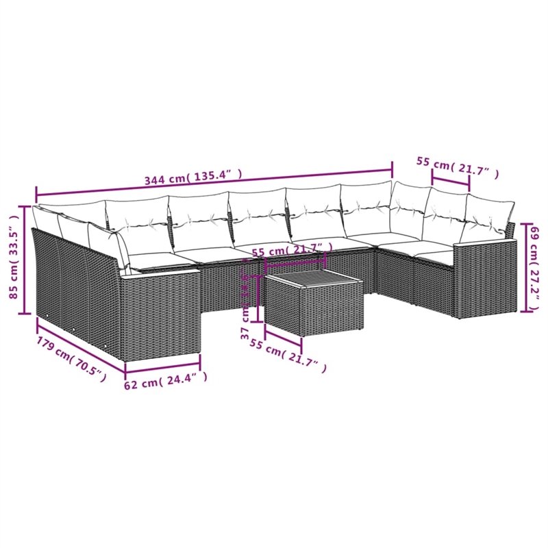 vidaXL 11 Piece Solid Acacia Wood Sofa Set in Black/White/Cream