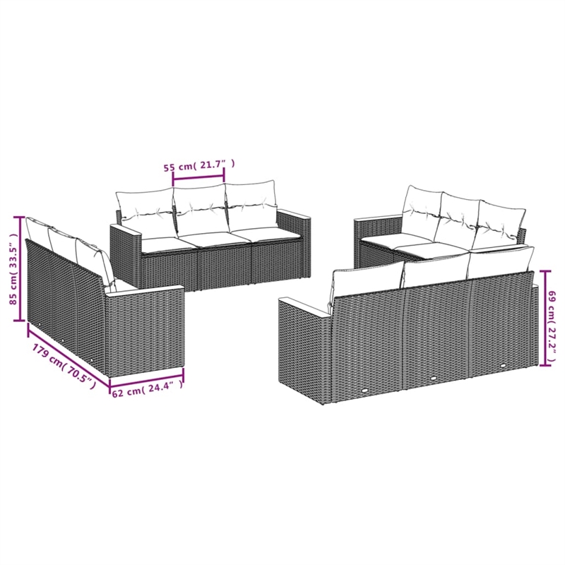vidaXL 12 Piece Steel Sofa Set in Black/White/Cream