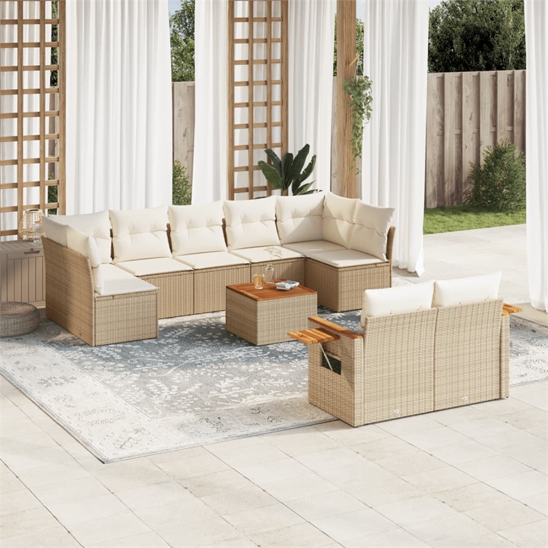 vidaXL 10 Piece Solid Acacia Wood Sofa Set in White/Cream/Beige