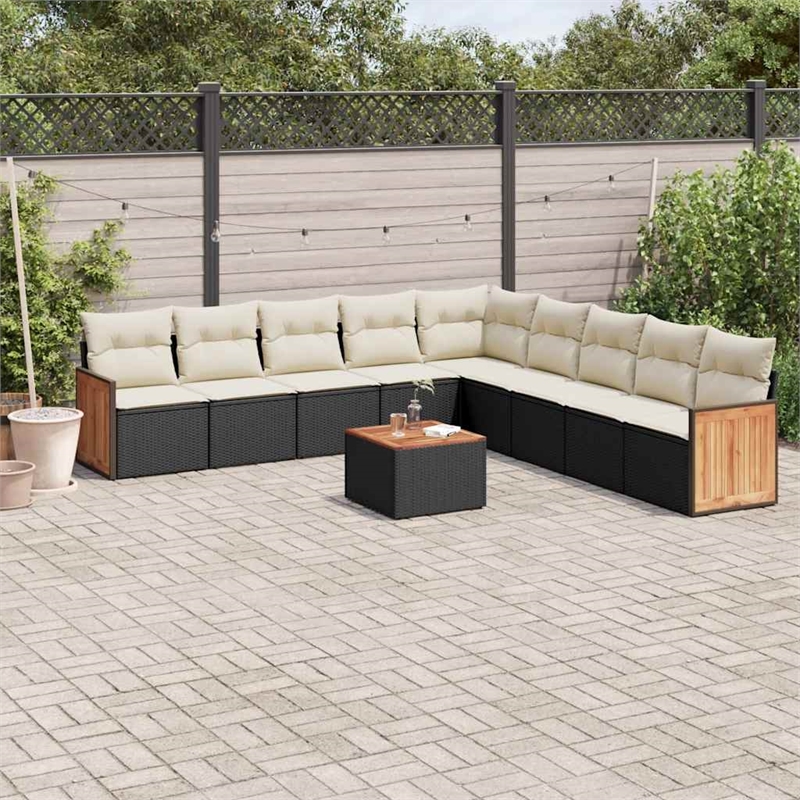 vidaXL 10 Piece Solid Acacia Wood Sofa Set in Black/White/Cream