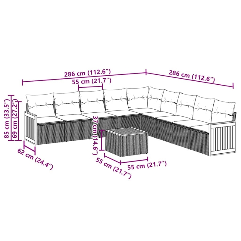 vidaXL 10 Piece Solid Acacia Wood Sofa Set in Black/White/Cream