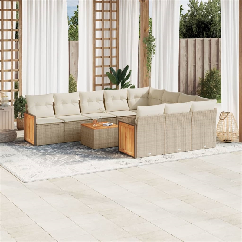 vidaXL 11 Piece Solid Acacia Wood Large Sofa Set in White/Cream/Beige