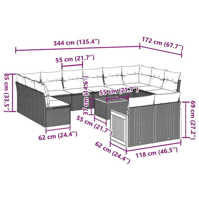 vidaXL 13 Piece Steel Sofa Set in Black