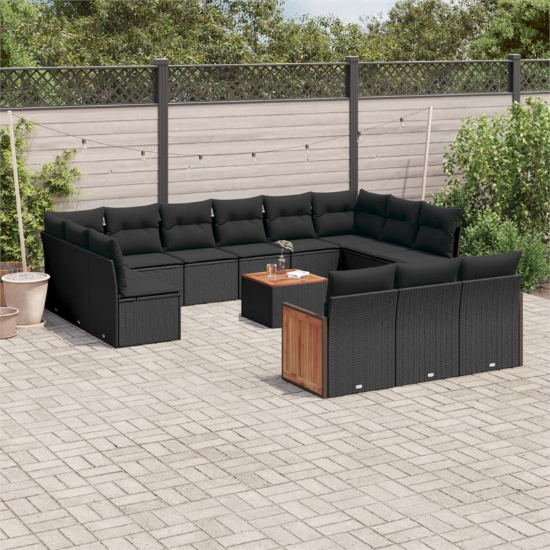 vidaXL 14 Piece Solid Acacia Wood Large Sofa Set w/ Removable Covers in Black