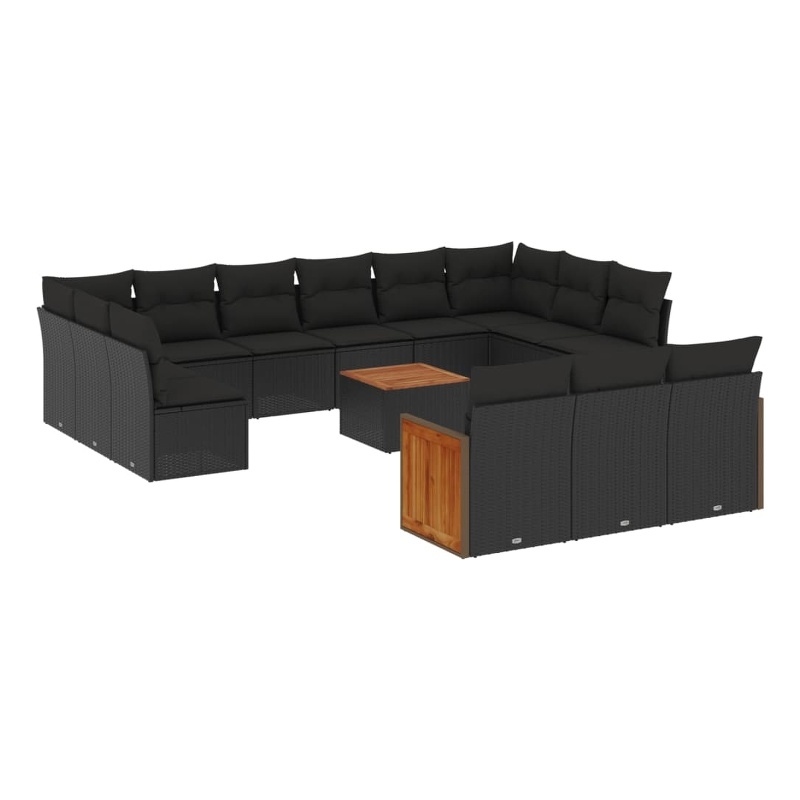 vidaXL 14 Piece Solid Acacia Wood Large Sofa Set w/ Removable Covers in Black